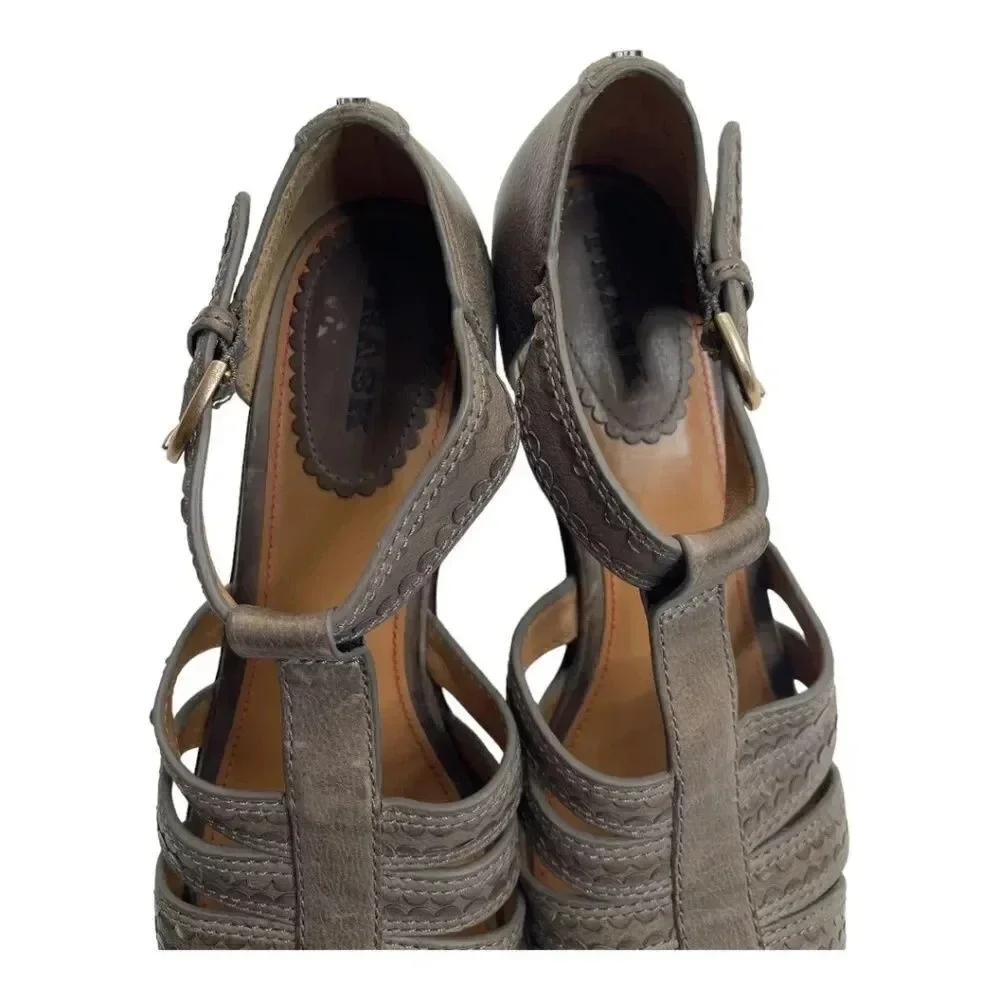 Anthropologie Trask Saydee Leather Wedge Sandals Taupe Brown Ankle Strap 9